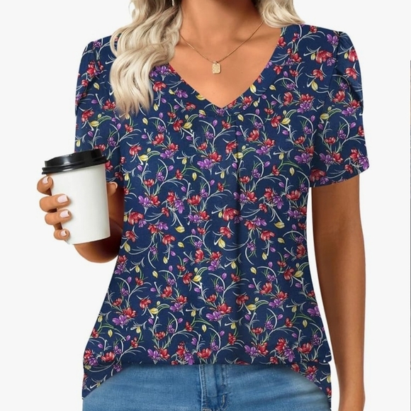 bestbee Tops - Navy Floral V-Neck Short Sleeve Top